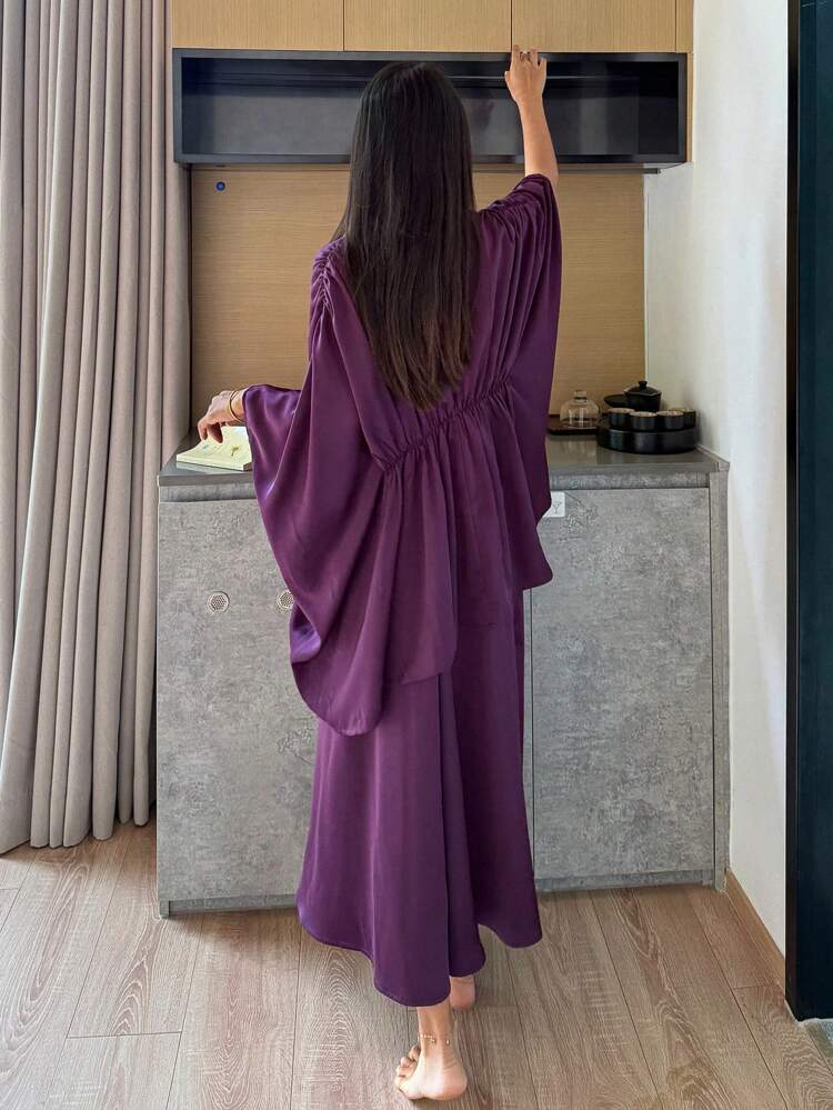 Women's Satin Ruched Design Loose Top And Long Skirt Home Suit, Minimalist Charm Pajama