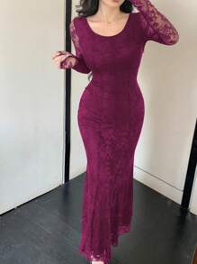 Modelyn Women Elegant Sexy V-Neck Ruched Waist Fishtail Hem Lace Dress Fall Cloth For Women