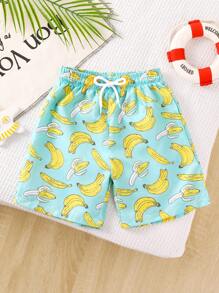 Young Boy Banana Print Drawstring Beach Shorts - Multicolor - View 3