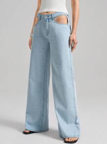 Ontre Women's Blue Jeans Low Waist Hollow Waist Wide-Leg Pants Future-Style Minimalist Jeans Summer Jeans - Light Wash - View 1