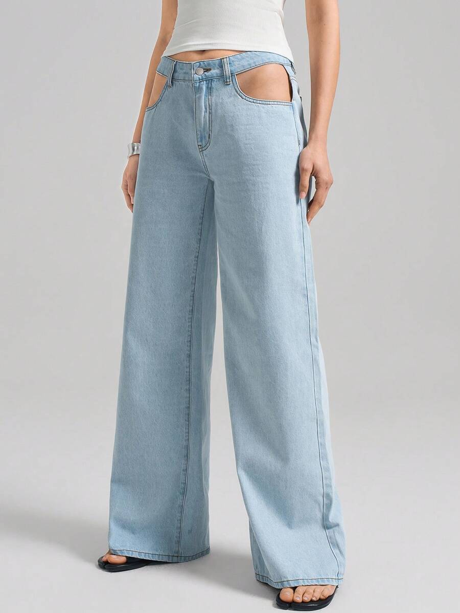 Ontre Women's Blue Jeans Low Waist Hollow Waist Wide-Leg Pants Future-Style Minimalist Jeans Summer Jeans - Light Wash - View 1