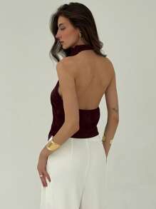 Aloruh 女士性感纯色露背高领不对称下摆修身上衣，夏季度假露背不对称上衣，简约时尚，适合通勤和办公室穿着。 - 紅色 - 查看 3