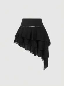 SHEIN MOD 女士多层荷叶边不对称下摆半身裙，波西米亚风，度假风，节日风，休闲风 - 黑色 - 查看 2