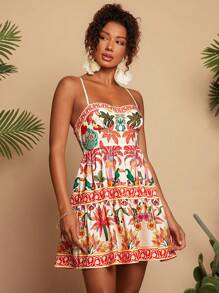 Travachic Vestido Curto Feminino Floral Estampado com Alças Tipo Espaguete, Adequado para Primavera/Verão, Estilo de Férias, Tecido Estampado Gráfico, Roupas Casuais de Férias de Verão para Mulheres, Trajes de Férias na Praia Boêmia, Estilo Boho Chic, Roupa para Show de País, Roupas de Festival de Férias, Roupas de Praia para Mulheres, Roupas de Verão para Mulheres, Estilo Velho Dinheiro, Roupa de Formatura, Vestido Solto de Verão, Vestidos de Aniversário para Mulheres
