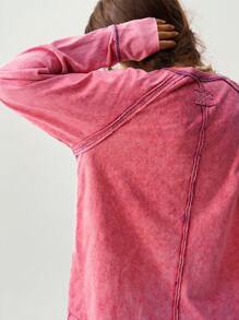 Bohemela 女士休闲纯色针织宽松圆领长袖 T 恤 - 紫色 - 查看 8