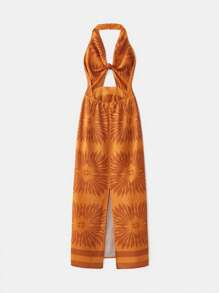 Maija Đầm hở lưng in họa tiết xoắn màu cam cho nữ phong cách Boho Beach Western Holiday Casual Allover Backless Dress Trang phục nghỉ mát cho phụ nữ Hawaii Outfits Women - trái cam - Xem 6