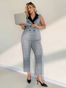 SHEIN Essnce Conjunto de dos piezas de chaleco y pantalón de cuadros azules en contraste para mujer de talla grande, con costura en el cuello, para uso diario y casual en primavera y otoño. Ropa de trabajo, conjunto de pantalones, ropa casual de negocios, ropa de primavera, ropa de oficina para curvas