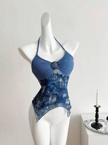 SHEIN Unity Bohemian Style Neck Tie Round Buckle Top, For Ladies, Spring/Summer - Navy Blue - View 1