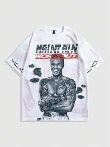 ROMWE MEN Street Life Men's Casual Boxing Character Print Dropped Shoulder Loose T-Shirt & Drawstring Waist Shorts Set