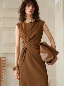 Zanirela Zanirela 女士夏季时尚不对称腰部扭结褶皱不对称下摆无袖中长休闲连衣裙，卡其色女装，女士夏季服装，工作夏季连衣裙 - 咖啡 - 查看 6