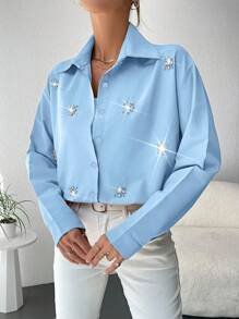 EURMUSE Cotton Women's Rhinestone Decorated Drop Shoulder Blouse - Baby Blue - View 5