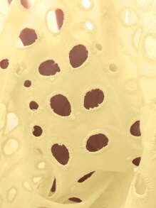 Aveloria Modichic Swobodna, elegancka, luźna, świąteczna koszula z okrągłym dekoltem i bufiastymi rękawami, z krótkim rękawem, z jednym otworem na ramię, z bogatymi zdobieniami haftowanymi, z wydrążonym materiałem - Żółty - Zobacz 7