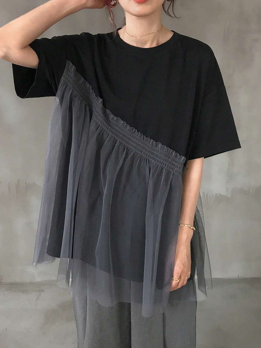 FRIFUL 女士休闲落肩宽松拼接网眼T恤，夏季