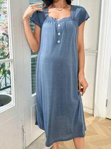 Moonlight&Mama 超柔软花卉欧根纱和撞色蕾丝纽扣开合休闲睡袍，孕妇睡衣 - 藍色 - 查看 6