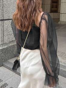 FRIFUL 女士优雅日常米色灯笼袖网眼衬衫长袖女式上衣 - 黑色 - 查看 5