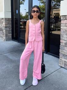 Nova Glow 2pcs Pink Tank Top & Long Pants Set,Casual Daily Wear For Tween Girls - Pink - View 3