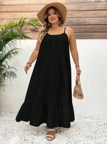 SHEIN CURVE+ Solid Color Plus Size Tank Top Swing Dress,Long Vacation Dress, Wedding Anniversary, White Dress, Long White Dress Boho Vacation Beach Outfits For Woman/Beach Dress/Beach Vacation Outfits/Beach Essentials / Graduation/Tea Party Dress,Sundress,Summer Dresses For Women