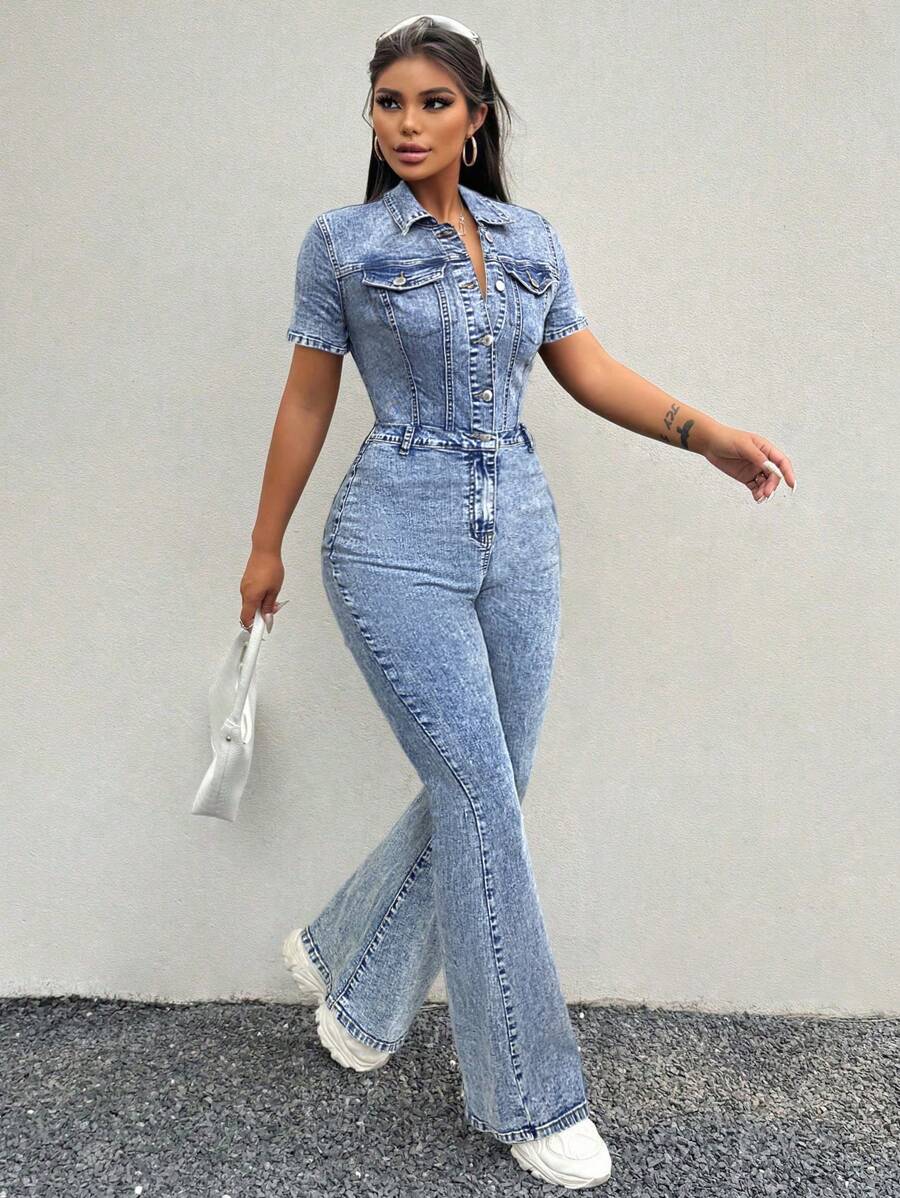 SHEIN SXY Women's Sexy Stretchy Black Denim Jumpsuit With Bell-Bottom Flared Legs And Short Sleeves