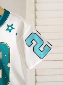 SHEIN Playful Pals Baby Girl Toddler/Newborn 0-3 Years Old Casual Daily Sports Hockey/Football/Basketball Jersey, Spring/Summer Fashion Long Sleeve V-Neck T-Shirt