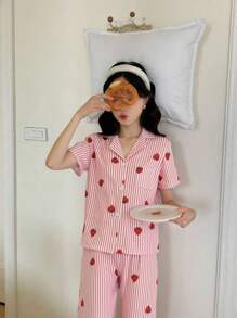 青春期女孩睡衣套装 - 粉色蝴蝶结领短袖上衣和长裤，休闲舒适两件套家居服。（母子装，3套单独出售） - 粉色 - 查看 7