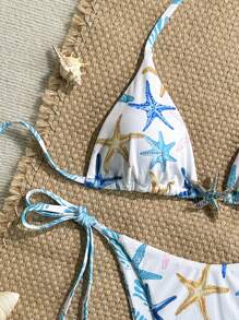 Swim Mod 2 Pieces Textured Random Print Cut-Out Halter Triangle Bikini Top And Side Tie Bottom Sexy Swimsuit Set For Summer Beach Vacation - Multicolor - View 4