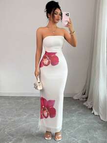 Rafferiza Vestido ajustado de mujer con estampado floral de malla y fruncido elegante - Albaricoque - Ver 7