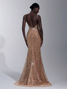 Elitara 优雅奢华香槟色亮片刺绣褶皱细肩带露背鱼尾连衣裙，适合约会、派对、正式场合、宴会（大量装饰） - 香檳色 - 查看 1