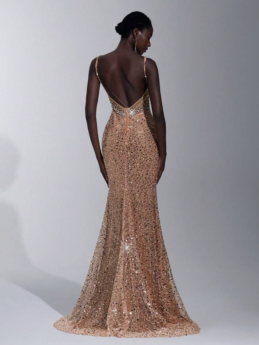 Elitara 优雅奢华香槟色亮片刺绣褶皱细肩带露背鱼尾连衣裙，适合约会、派对、正式场合、宴会（大量装饰） - 香檳色 - 查看 1