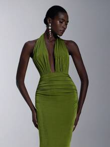 Elitara Elegante, romántico, sexy, minimalista, verde, de tela de punto, cuello halter, ajustado, cola de pez, de moda, estilo influencer, vestido para fiesta, cumpleaños, evento de boda, dama de honor