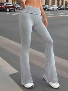 SHEIN EZwear Solid Flare Leg Trousers - Grey - View 7