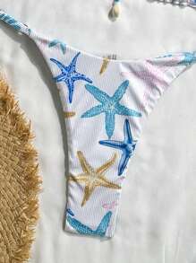 Swim Mod Set de 2 piezas de biquini de verano con parte superior tipo tirantes con estampado aleatorio y textura acanalada, sujetador triangular y tanga - Multicolor - Ver 3