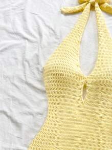 Soleia 度假露背系带镂空浅黄色女式针织连衣裙，适合音乐节、海滩波西米亚风、假日约会、下午茶 - 黃色 - 查看 5