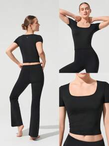 GLOWMODE Top court à manches courtes col carré ultra doux Move Free, pour le yoga à faible impact, le Pilates, la salle de sport et le port quotidien casual