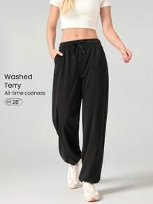 GLOWMODE Quần chạy bộ cạp rút có thể điều chỉnh, dáng rộng, giặt bằng lông cừu hàng ngày, có túi bên hông, mặc thường ngày - màu đen - Xem 1