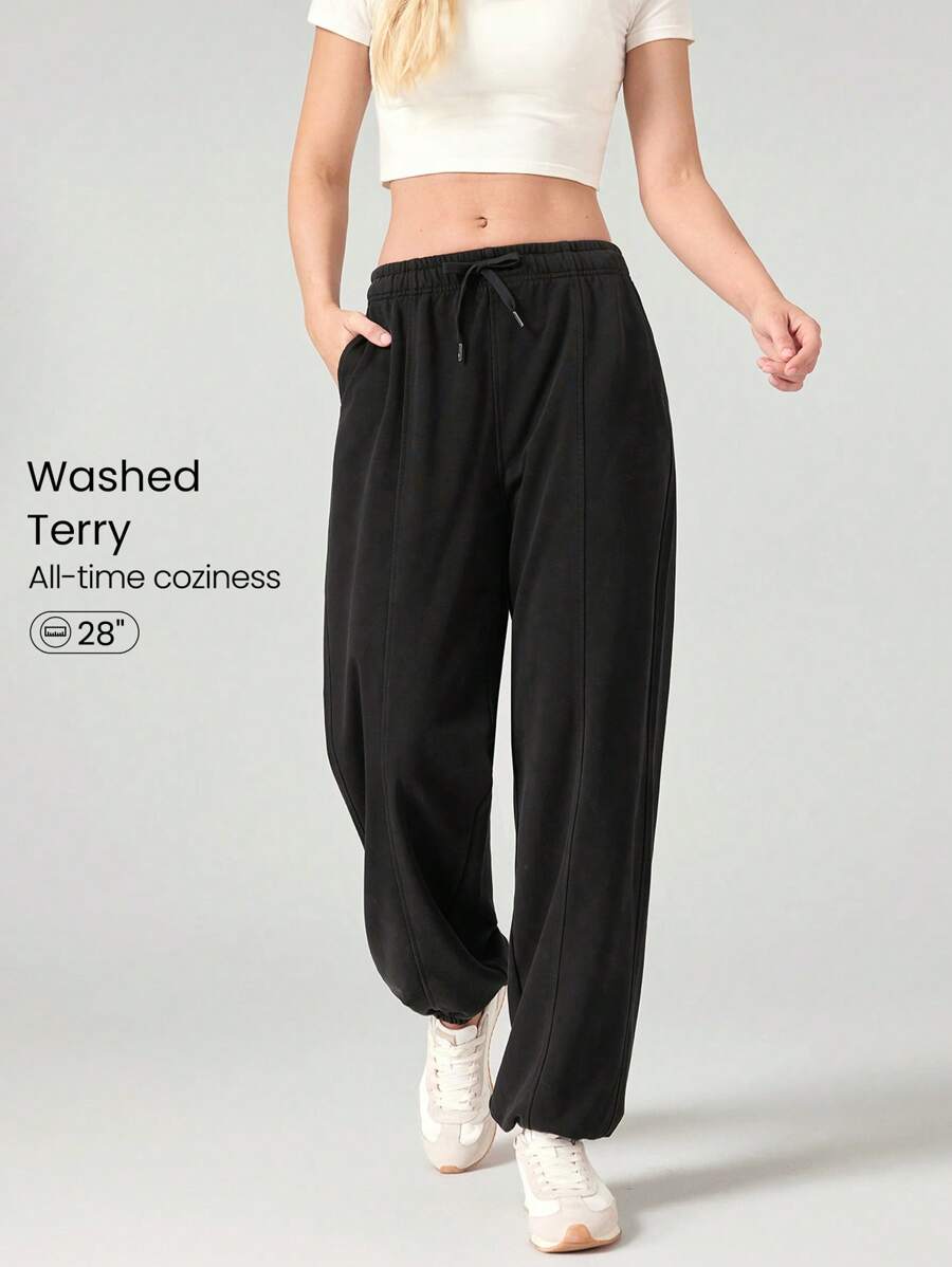 GLOWMODE Quần chạy bộ cạp rút có thể điều chỉnh, dáng rộng, giặt bằng lông cừu hàng ngày, có túi bên hông, mặc thường ngày - màu đen - Xem 1