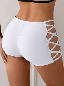 SHEIN Swim Shorts de traje de baño de mujer de unicolor con abertura cruzada, para vacaciones de verano - Blanco - Ver 2