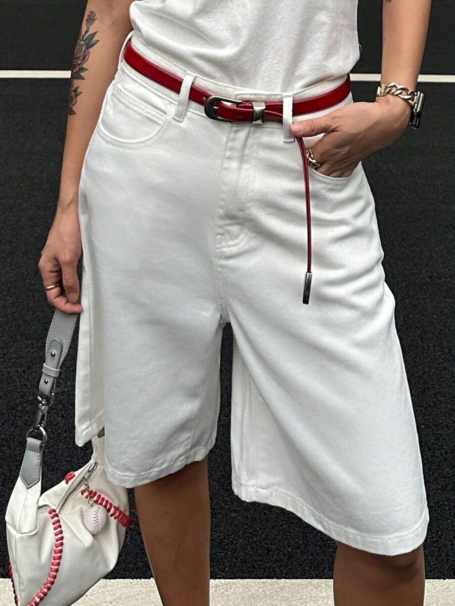 SHEIN x PRISCILA & JIMENA DAZY Women's Casual Loose Fitting Mid-Thigh Length Denim Shorts With Pockets - White - View 1