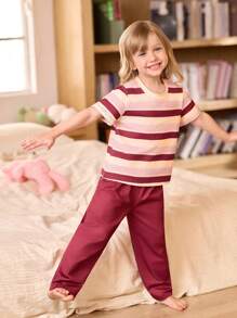 SHEIN 4pcs/Set Young Girl' Mix Color Random Striped Print Short Sleeve Pajama Set - Multicolor - View 3