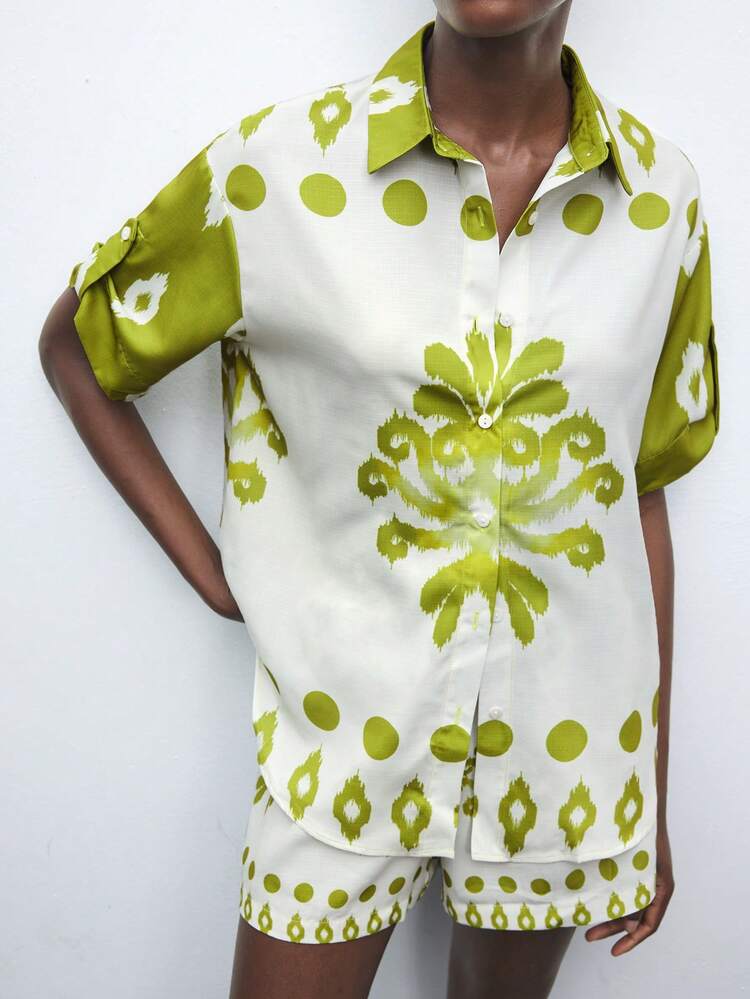SHEIN Maija Women's Green Casual Graphic Print Short Sleeve Button Front Shirt With Cuff Button And Loop, Loose Bohemian Western Style Fashion Blouse For Outdoor Wear Vacation Woman