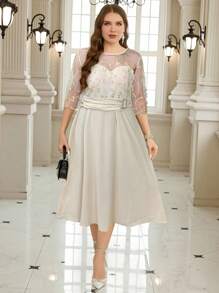 SHEIN Clasi Rochie de damă cu broderie din plasă, mărime mare, elegantă pentru petrecerea de Ramadan, primăvară - Caisă - Vizualizare 4