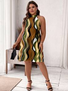 SHEIN Clasi 大码条纹印花连衣裙，适合夏季 - 綠色 - 查看 5