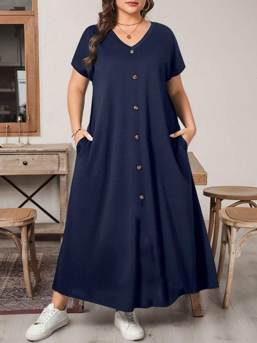 SHEIN Essnce 大码女装春夏时尚休闲宽松舒适日常短袖深蓝色V领口袋长裙，女装夏季服装，女装教堂服装，老钱风格女装，女装教师服装，女装机场服装 - 藏蓝色 - 查看 1