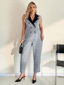 SHEIN Essnce Conjunto de dos piezas de chaleco y pantalón de cuadros azules en contraste para mujer de talla grande, con costura en el cuello, para uso diario y casual en primavera y otoño. Ropa de trabajo, conjunto de pantalones, ropa casual de negocios, ropa de primavera, ropa de oficina para curvas