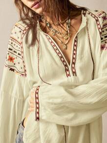 Bohemela Vacation Casual Retro Style Embroidered V-Neck Loose Women Blouse - Mustard Yellow - View 1