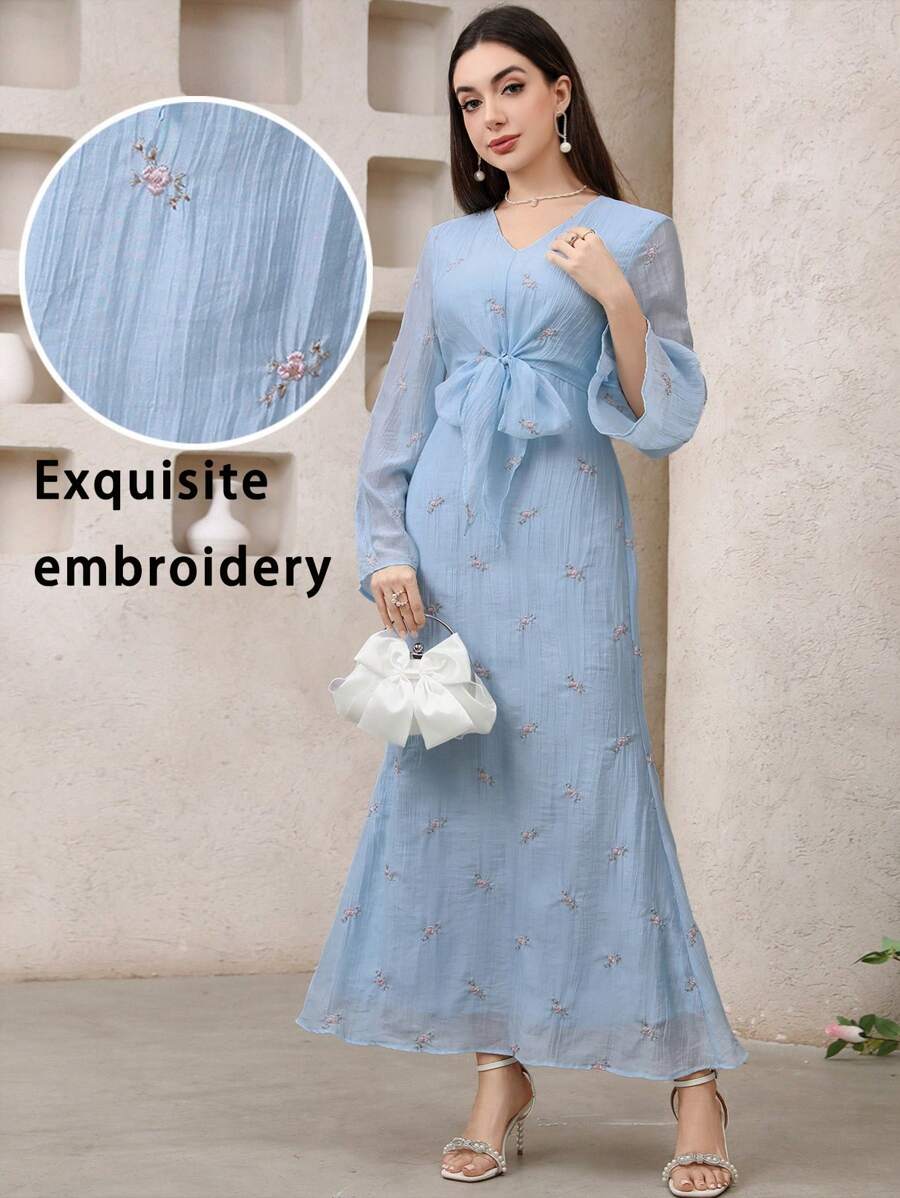 Veilorie Damen elegantes Kleid mit Blumenstickerei und Fischschwanzsaum - Blau - Übersicht 1