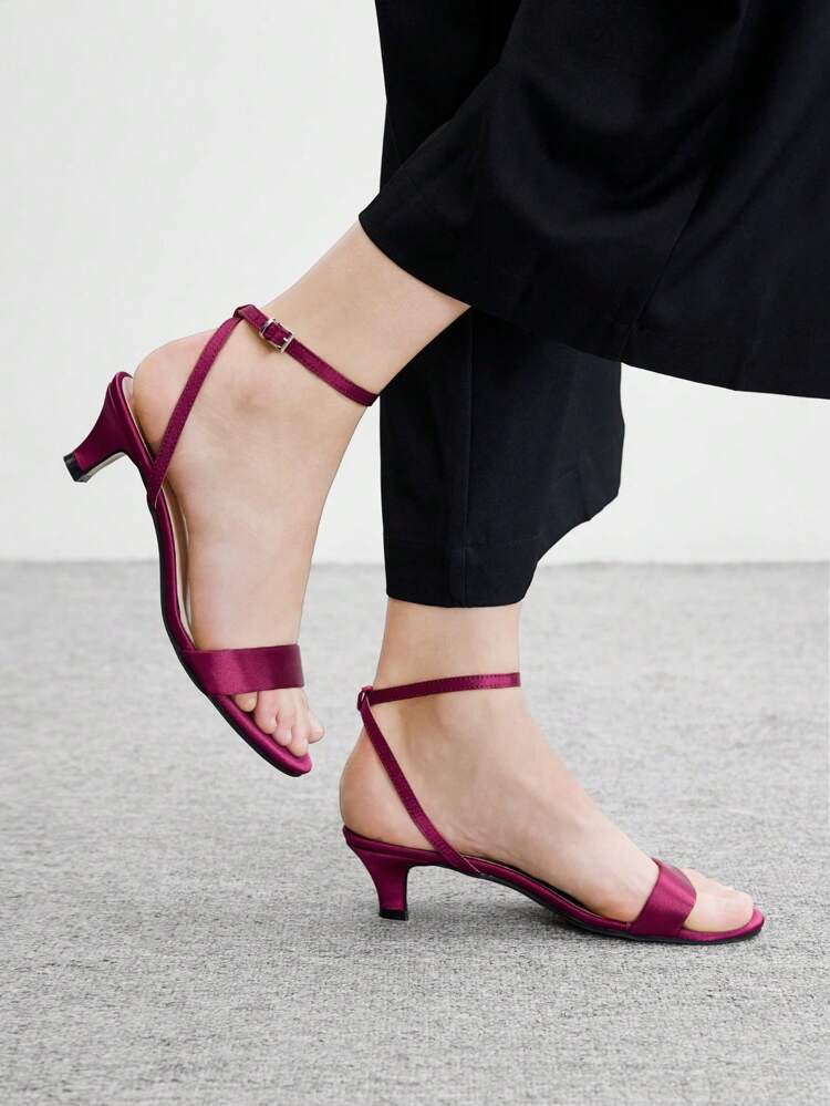 CUCCOO BIZCHIC Minimalist Red Satin Strap Kitten Heel Sandals, New Versatile Open Toe Women's Shoes