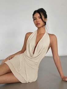 Aloruh 女士性感纯色露背垂坠领宽松连衣裙，夏季 - 杏色 - 查看 6