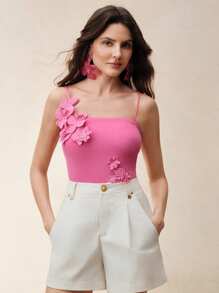 Anewsta Elegant Yellow Asymmetrical 3D Floral Camisole With Adjustable Straps, Stretchy & Slimming, Suitable For Summer, Beach, Holiday, Casual, Elegant - Hot Pink - View 5