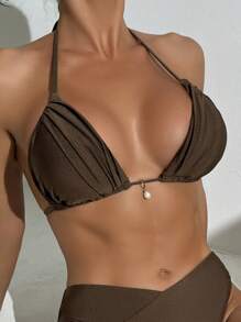 Swim Chiccia 女式夏季海滩纯色闪亮面料露背领口抽绳珍珠吊带休闲泳装比基尼上衣