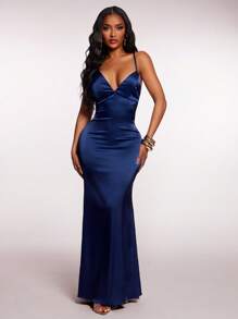 Radiana 女士性感优雅海军蓝缎面深露背连衣裙，修身飘逸裙摆吊带裙，适合约会、正式场合、生日派对、舞会、婚礼、海滩 - 藏蓝色 - 查看 2